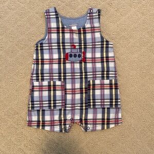 Vintage Carters preppy plaid boy romper submarine embroidered size 12 months